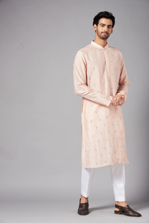 Moori β Peach Embroidered Falling Raw Silk Kurta