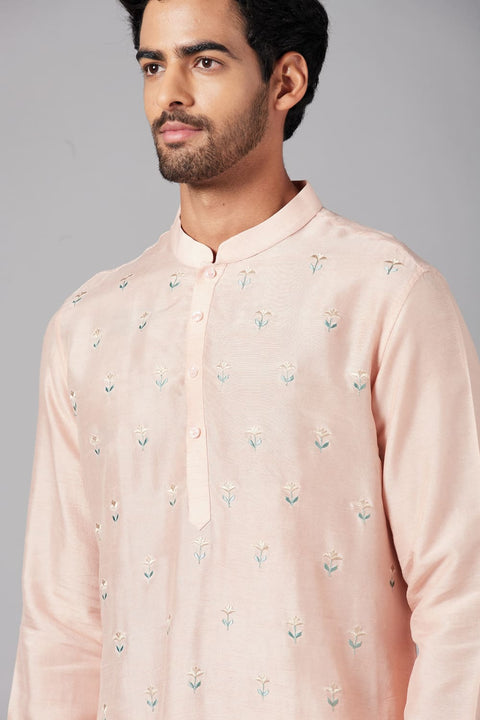 Moori — Peach Embroidered Falling Raw Silk Kurta