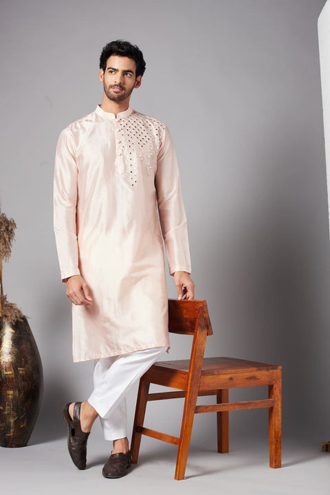 Rooyi β Peach Mirror Work Dupion Silk Kurta