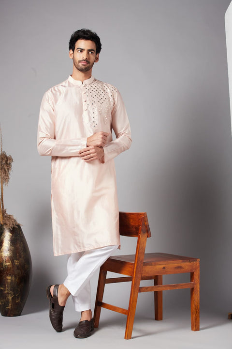 Rooyi β Peach Mirror Work Dupion Silk Kurta