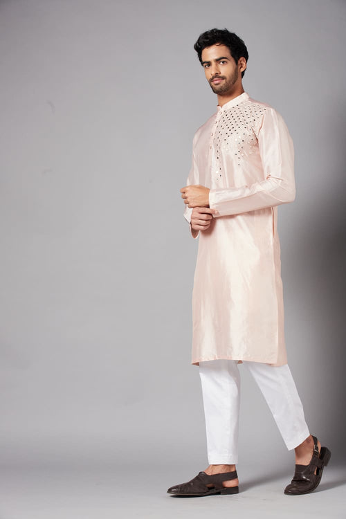 Rooyi — Peach Mirror Work Dupion Silk Kurta