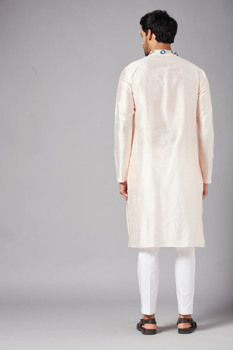 Gajanan β Peach Embroidered Falling Raw Silk Kurta