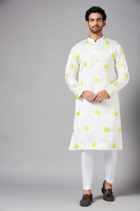 Mogra — White Embroidered Falling Raw Silk Kurta