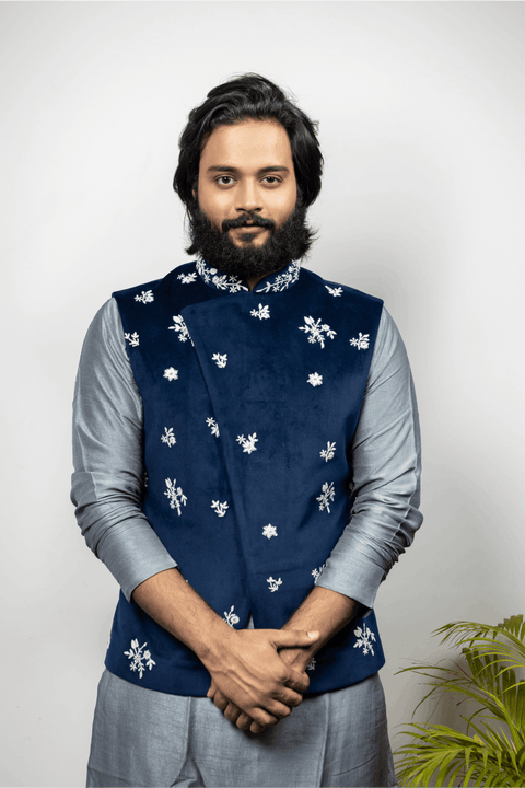 Raunchy — Blue Pearl Embroidered Velvet Nehru Jacket