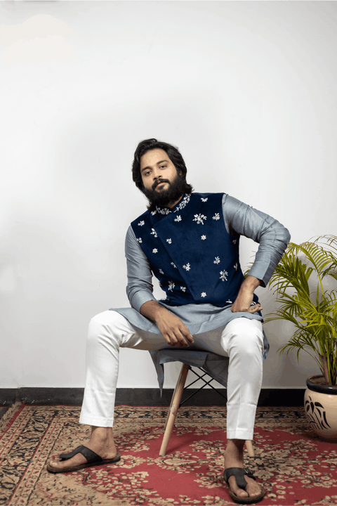 Raunchy — Blue Pearl Embroidered Velvet Nehru Jacket