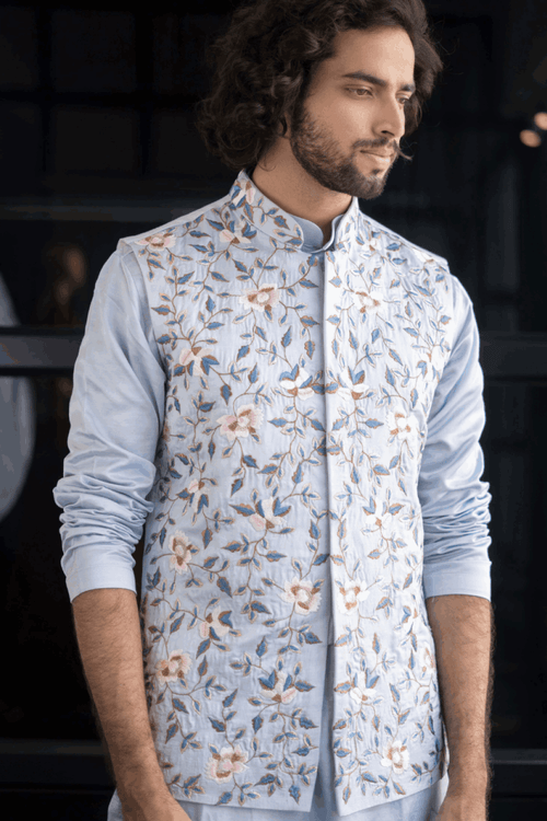 Powder Blue — Powder Blue Thread Embroidered Linen Satin Nehru Jacket