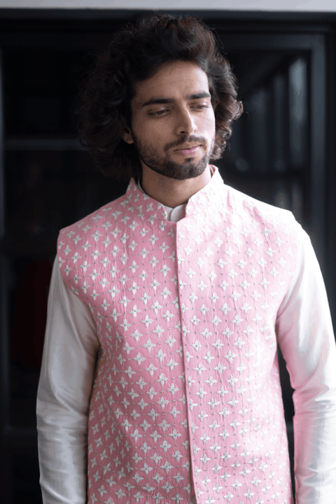 Light Pink — Pink Thread Embroidered Dupion Silk Nehru Jacket