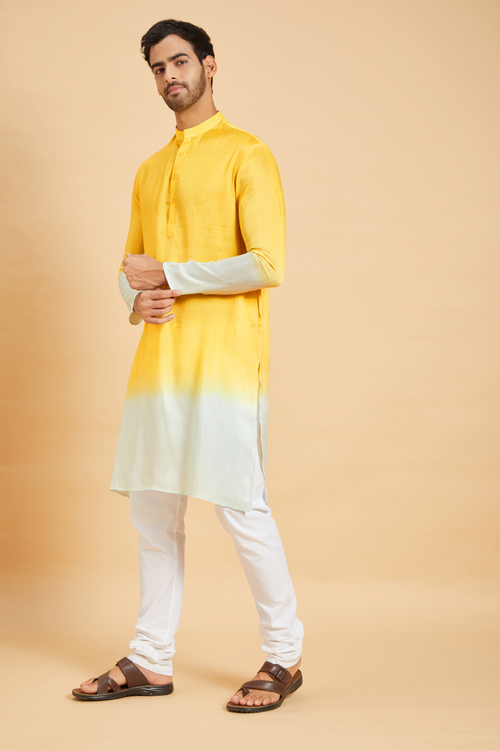 Lahza — Yellow Ombre Falling Raw Silk Kurta