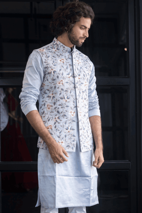 Powder Blue — Powder Blue Thread Embroidered Linen Satin Nehru Jacket