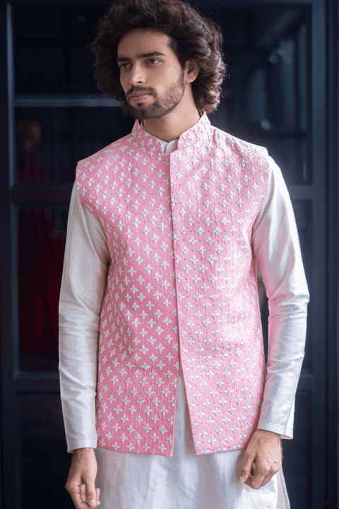Light Pink — Pink Thread Embroidered Dupion Silk Nehru Jacket