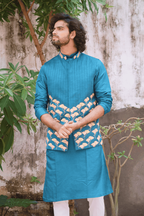 Peacock Blue — Blue Thread Embroidered Dupion Silk Nehru Jacket