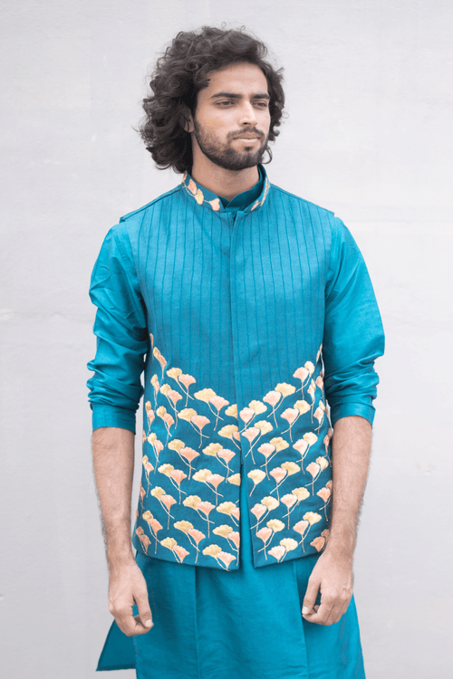 Peacock Blue — Blue Thread Embroidered Dupion Silk Nehru Jacket