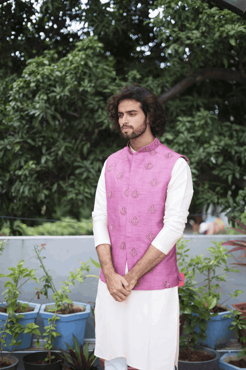 Mauve — Purple Mauve Thread Embroidered Semi Raw Silk Nehru Jacket