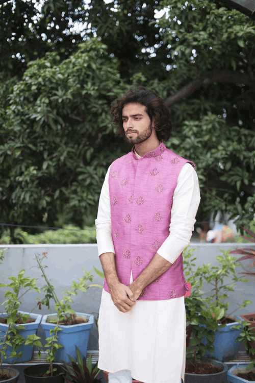Mauve — Purple Mauve Thread Embroidered Semi Raw Silk Nehru Jacket