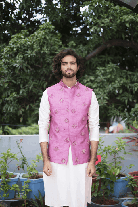 Mauve — Purple Mauve Thread Embroidered Semi Raw Silk Nehru Jacket