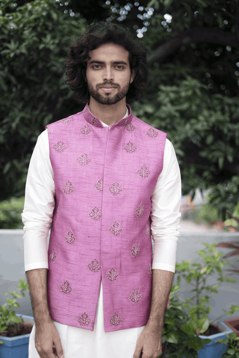 Mauve — Purple Mauve Thread Embroidered Semi Raw Silk Nehru Jacket
