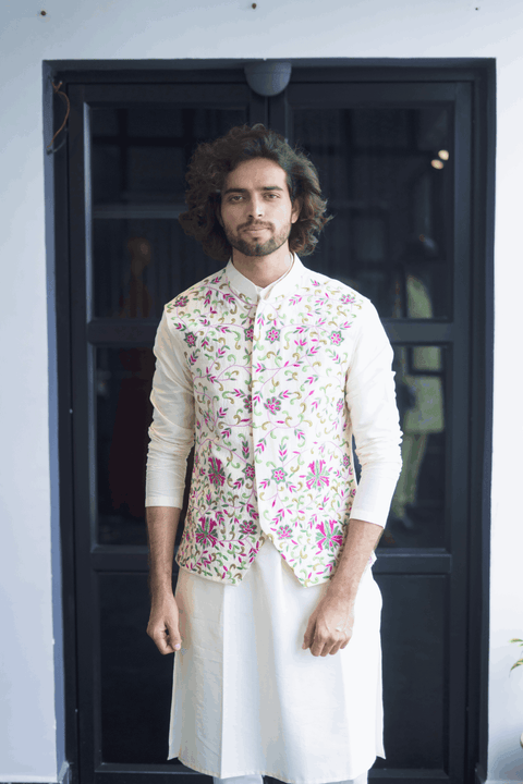 Off-White Nehru Jacket — White Thread Embroidered Semi Raw Silk