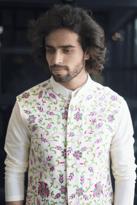 Off-White Nehru Jacket — White Thread Embroidered Semi Raw Silk
