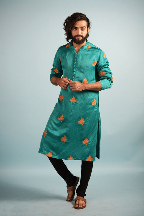 Green — Green Leaf Embroidered Linen Satin Kurta