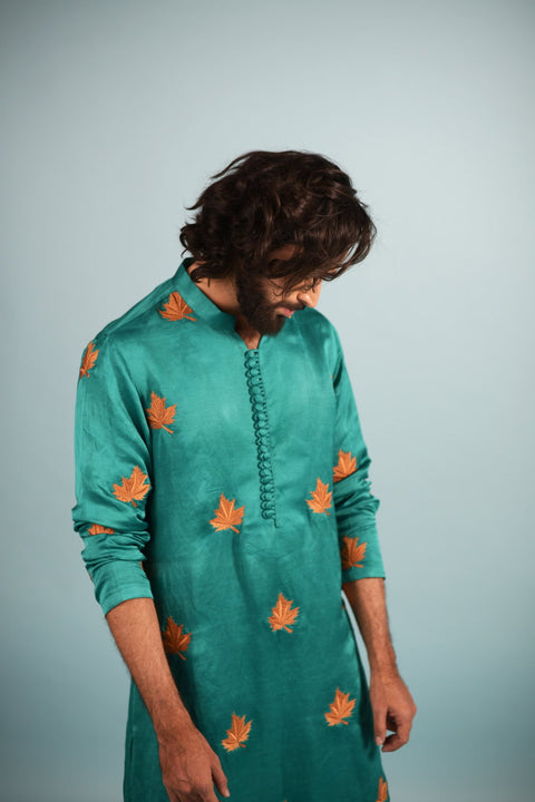 Green — Green Leaf Embroidered Linen Satin Kurta
