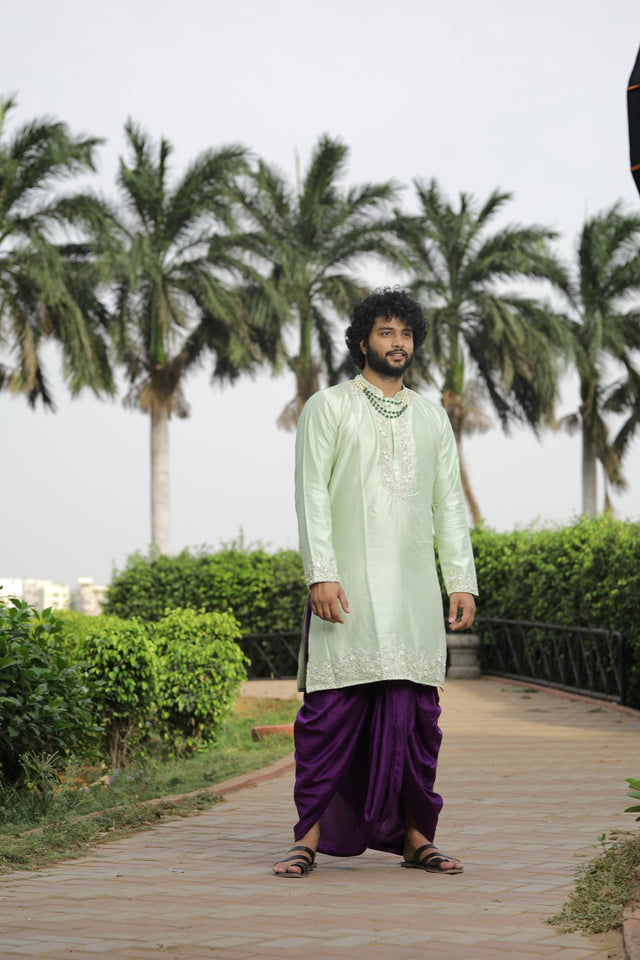Anvi — Light Green Zardozi Embroidered Dupion Silk Kurta Set
