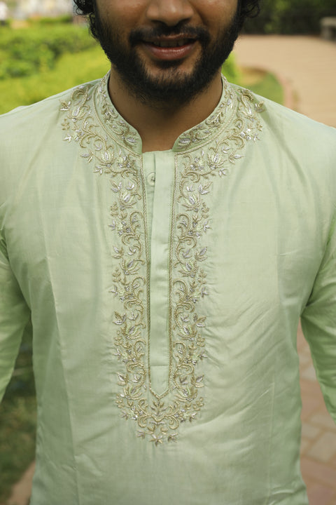 Anvi β Light Green Zardozi Embroidered Dupion Silk Kurta Set