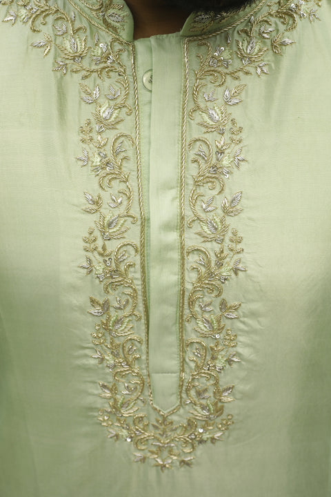 Anvi β Light Green Zardozi Embroidered Dupion Silk Kurta Set