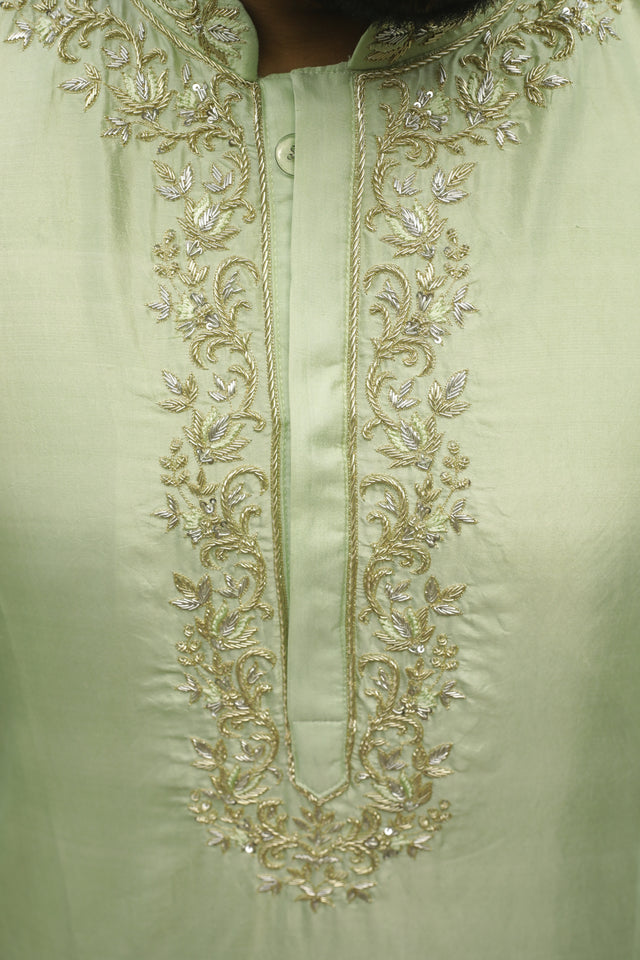 Anvi — Light Green Zardozi Embroidered Dupion Silk Kurta Set