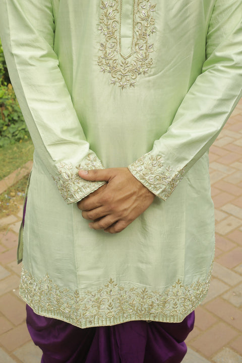 Anvi β Light Green Zardozi Embroidered Dupion Silk Kurta Set