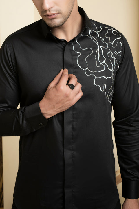 Sterling — Black Abstract Embroidered Cotton Satin Shirt