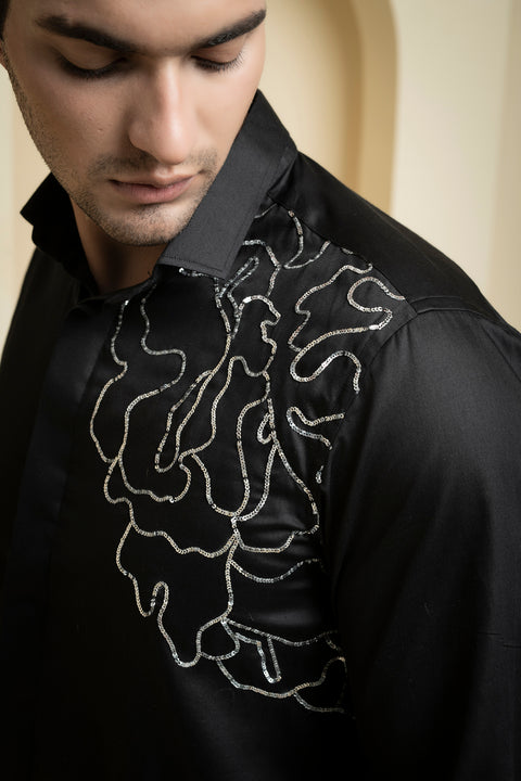 Sterling — Black Abstract Embroidered Cotton Satin Shirt