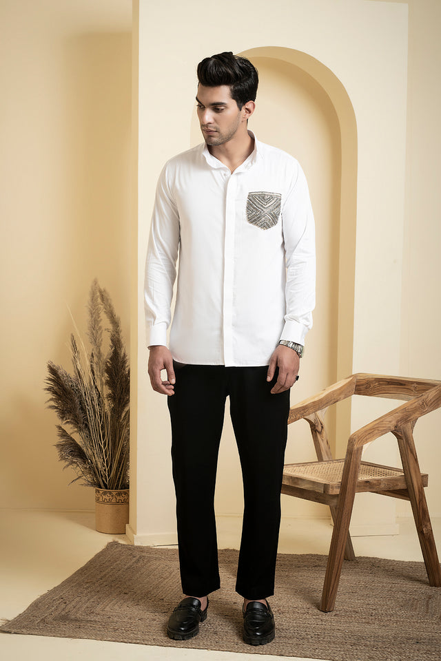 Elnor — White Shimmer Embroidered Giza Cotton Shirt
