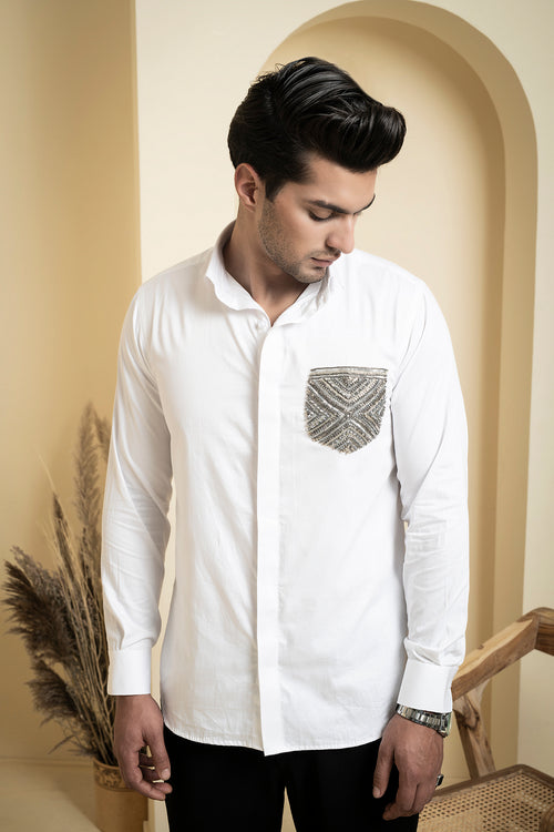 Elnor — White Shimmer Embroidered Giza Cotton Shirt