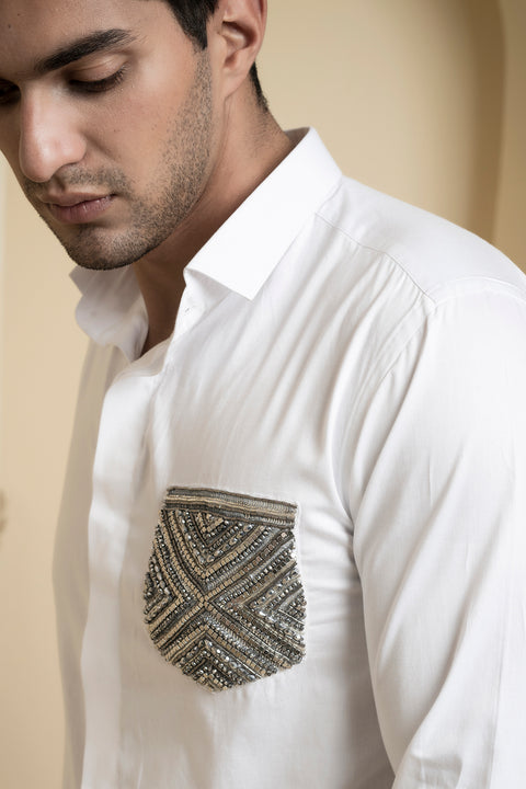 Elnor — White Shimmer Embroidered Giza Cotton Shirt