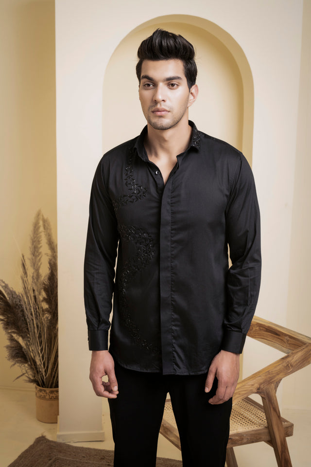 Awel — Black Swirl Embroidered Giza Cotton Shirt