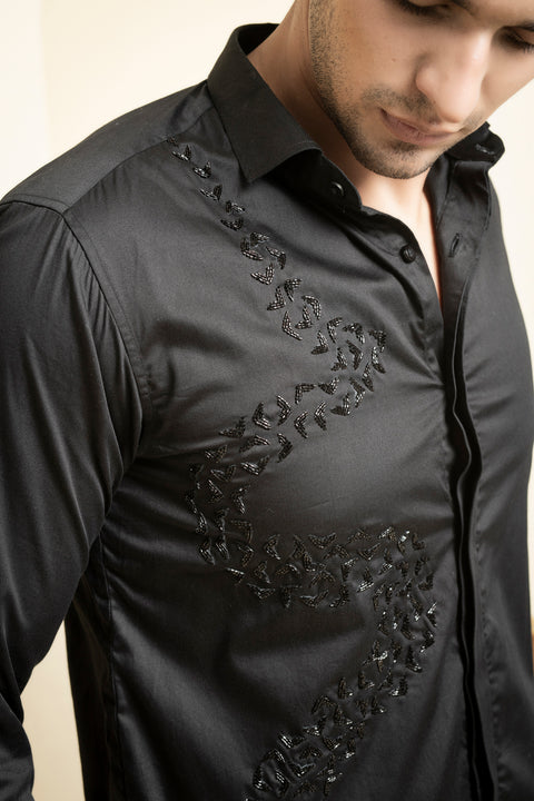 Awel — Black Swirl Embroidered Giza Cotton Shirt