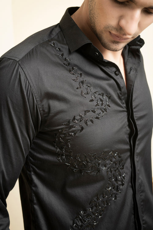 Awel — Black Swirl Embroidered Giza Cotton Shirt