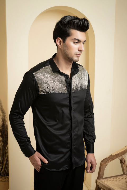 Glare — Black Shimmer Embroidered Giza Cotton Shirt