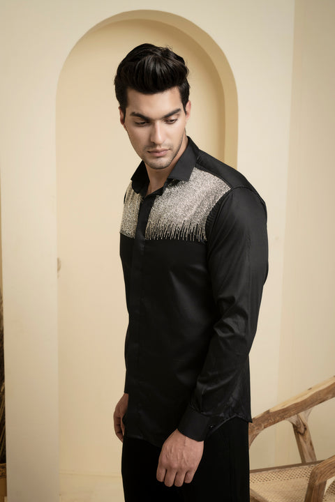 Glare — Black Shimmer Embroidered Giza Cotton Shirt