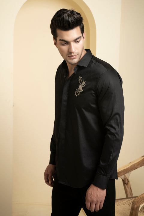 Perto Reindeer — Black Reindeer Embroidered Cotton Satin Shirt