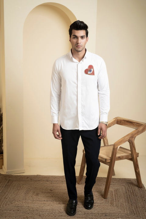 Redert — White Abstract Embroidered Cotton Satin Shirt