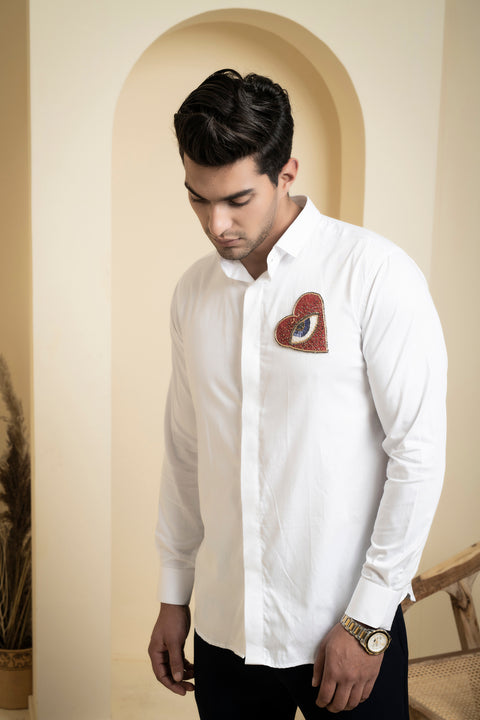 Redert — White Abstract Embroidered Cotton Satin Shirt