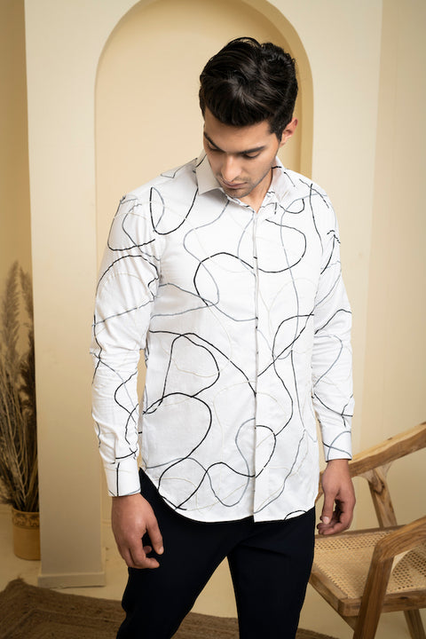 Seiche — White Abstract Embroidered Cotton Satin Shirt