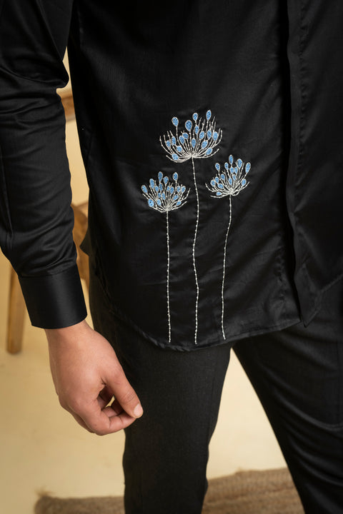 Atore — Black Abstract Embroidered Cotton Satin Shirt