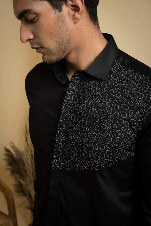 Distorted — Black Abstract Embroidered Giza Cotton Shirt