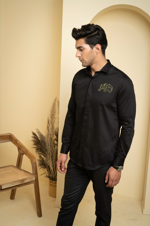 Perto Elephant — Black Elephant Embroidered Cotton Satin Shirt