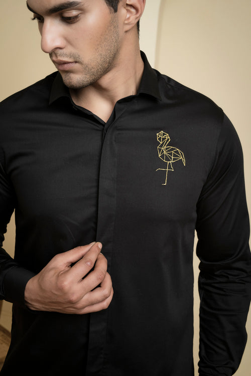 Perto Crane — Black Crane Embroidered Cotton Satin Shirt