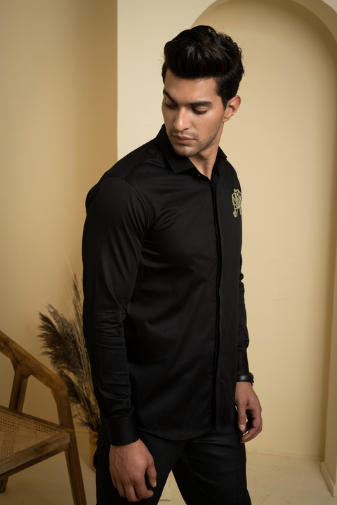 Perto Elephant — Black Elephant Embroidered Cotton Satin Shirt
