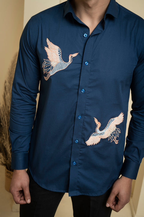 Cran — Blue Embroidered Poplin Shirt