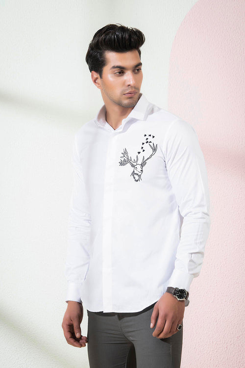 Bianco Reindeer — White Reindeer Embroidered Cotton Satin Shirt